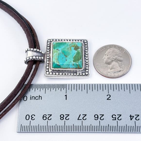 Vintage Sterling Silver Leather Cord Composite Turquoise Pendant Necklace 15.5" - Picture 5 of 7